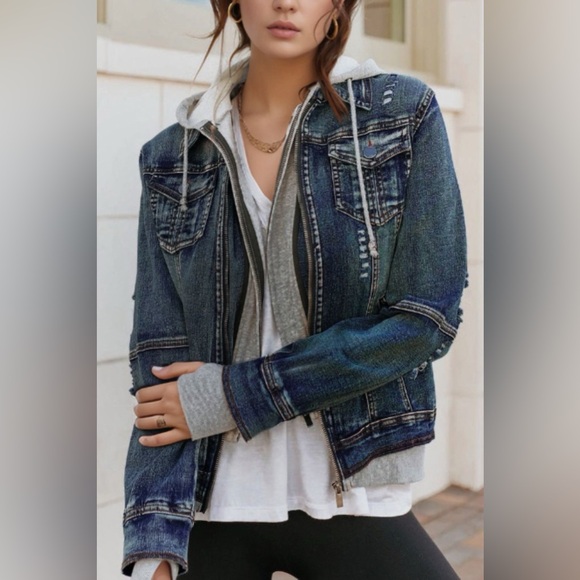Fake Two-Piece Hooded Zip-Up Denim Jacket